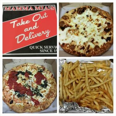 Tomato Basil  and Chicken Alfredo Pizzas with French Fries