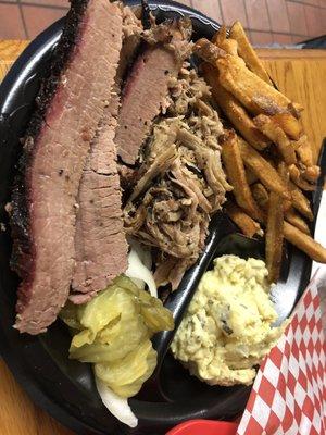 2 meat plate - brisket and pulled pork with potato salad and fries