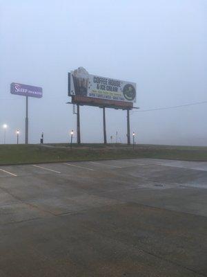 From the parking lot on a foggy morning