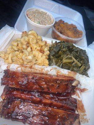 BBQ Pork Ribs 1/2 Slab , Mac and Cheese , Collard Greens , Candied Yams , Seafood Salad