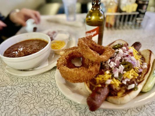 Bowl of chili and a loaded hotdog