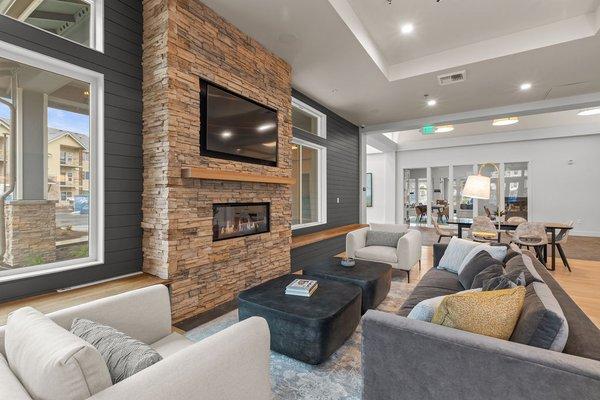 Clubhouse with fireplace and relaxed modern seating