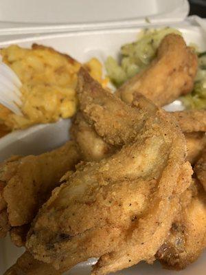 Freshly fried wings, Mac & Cabbage