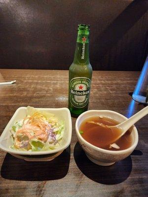 Typical salad and soup with a Heineken to wash it down.