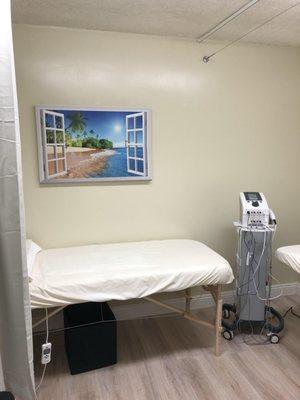 Very Comfortable therapy room, our Electrotherapy helps to reduce pain, reduce stiffness, and relax muscle.