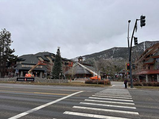 No equipment allowed (skis, board, etc.) on the Gondola yet.  Not enough snow.