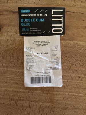 Bubble Gum Glue and receipt.