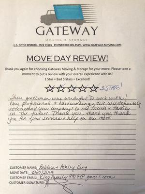 5 Star Review from a customer on 5/20 going from Florida to Massachusetts!