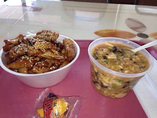 Teriyaki chicken and hot and sour soup, Wokee Express.