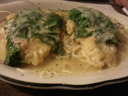 Don Giovanni's Chicken Florentine over spaghetti