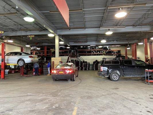 Huge garage, 8 lifts, 1 wheel alignment bay, and very clean. Steadily busy bc they do good work. Harry and Mikey are great.