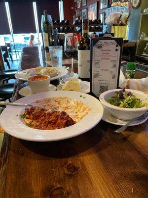 Cannelloni, Nonna's Lasagna Bianca, salad, tomato basil soup and a great bottle of Cab.  Notice what's left AFTER we ate dinner!