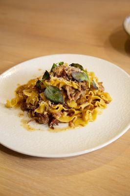 Wild Boar Pappardelle: Slow Braised Wild Boar, Mushroom Marsala, Hazelnut Crème Fresh