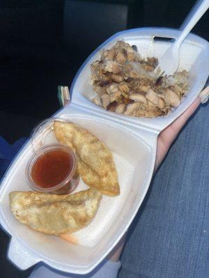 Smalll chicken bowl and 5 piece gyoza with sauce,