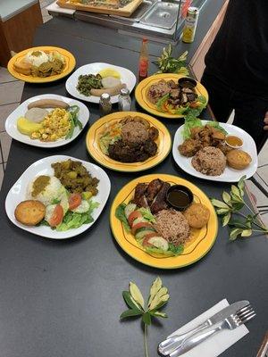 Curry goat, Oxtail, Jerk chicken, Fried Chicken, Ackee & Saltfish, Callaloo, Jerk Pork, Curry Chicken