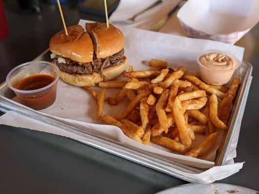 Birria burger and side of fries