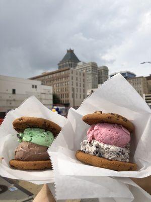 Pictured on the right: shortycake with Oreo and strawberry ice cream. The left is chocolate and mint chocolate chip.