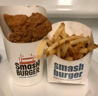 3 piece chicken tenders with small order of Smashfries