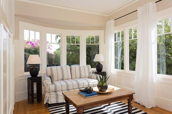 Sun-filled family room with vintage Craftsman details.