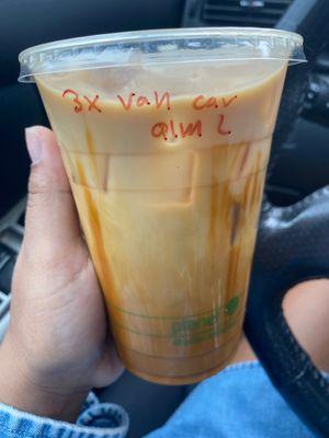 Iced 16 oz. triple shot almond milk latte with one pump vanilla and caramel drizzle.