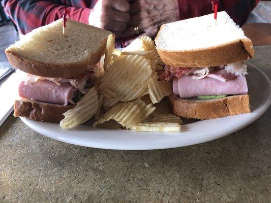 Ham, turkey, bacon and avocado sandwich.