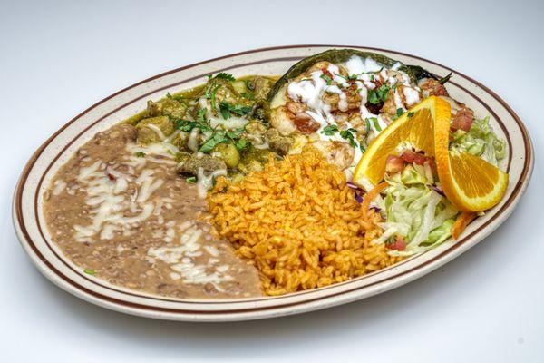 Featuring our homemade fresh-made chile relleno, a pepper roasted to perfection, stuffed with cheese & grilled shrimp, coated & crisped.