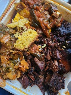 Jerk chicken and pork with spicy cabbage and spicy squash