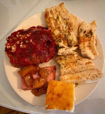 Meatloaf, Baked Pollock, Pineapple Glazed Ham, and Cornbread