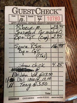 Old school dinner bill like $79.00 drinks included