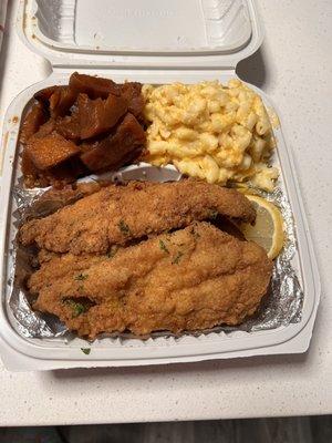 Whiting Fish Dinner. 2 sides, Yams & Mac N Cheese.  4 good size pieces of Whiting.