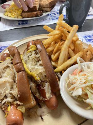 Classic lunch of dogs, kraut, and fries ... plus cole slaw purely to allay the guilt