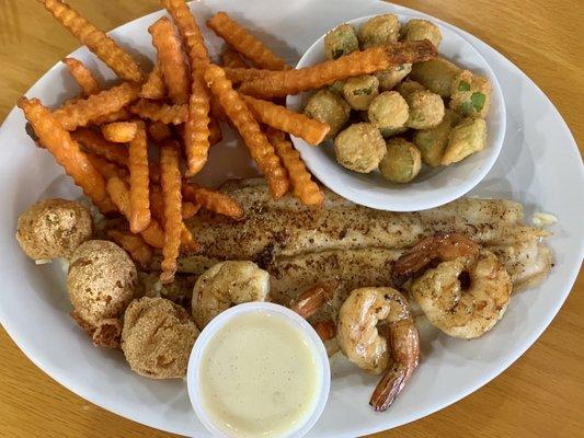 Grilled catfish and grilled shrimp. With sweet potato fries and fried okra.