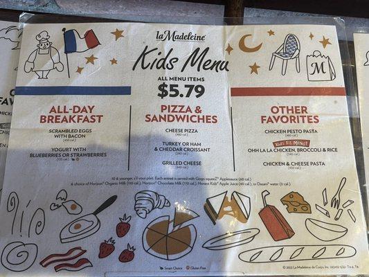 Kid's Menu (current as of 14 February 2024)