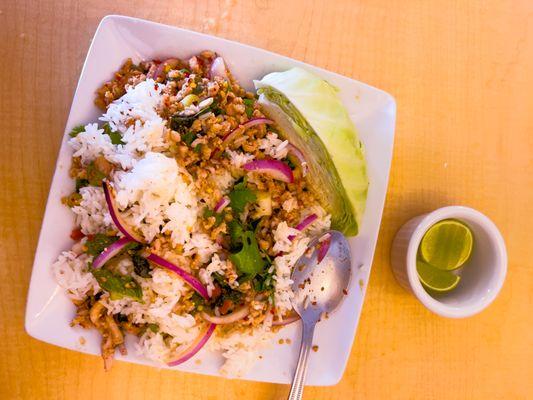 Larb with a side of rice and extra lime.