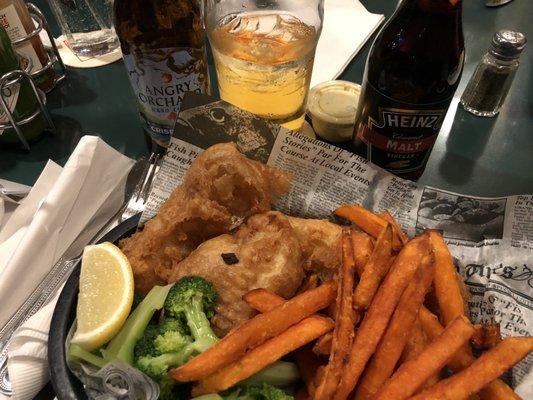 Fish and chips (sweet potato fries) and angry orchard