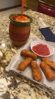 Mozzarella sticks and a delicious and strong margarita