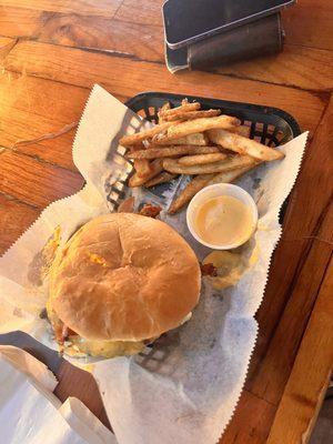 Bacon cheese burger and beer battered fries