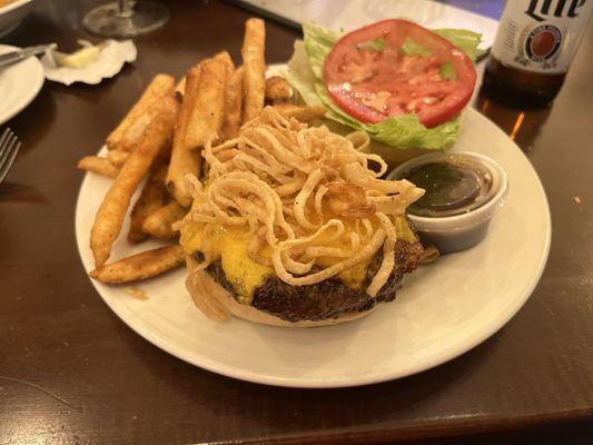 The Happy Gilmore (Cheeseburger w/ Candied Bacon, Onion Straws & Side of BBQ Sauce