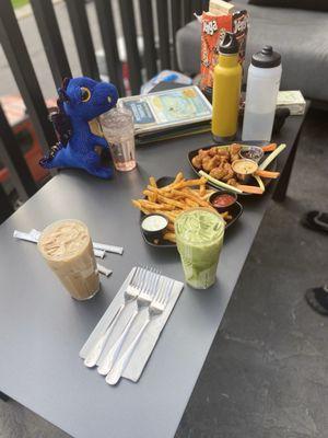 Cambie Fries, Cambie Buffalo Cauliflower, Cambie Rose Matcha, Lavender Matcha w/ Oat-milk and Sprite