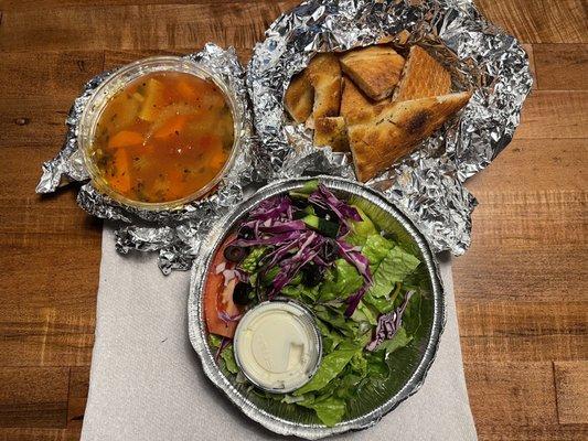 Minestrone soup, small house garden salad and toasted bread/pizza crusts were good!