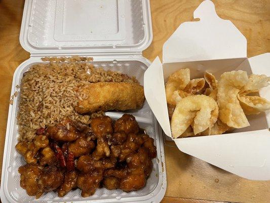 General Tao's Chicken with Pork Fried Rice, Egg Roll and Crab Rangoons