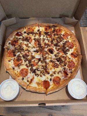 Large pepperoni and sausage pizza