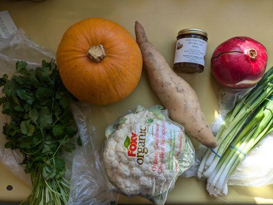 $20 haul, including local honey ($7), a sugar pie pumpkin ($4) and a head of cauliflower ($3)