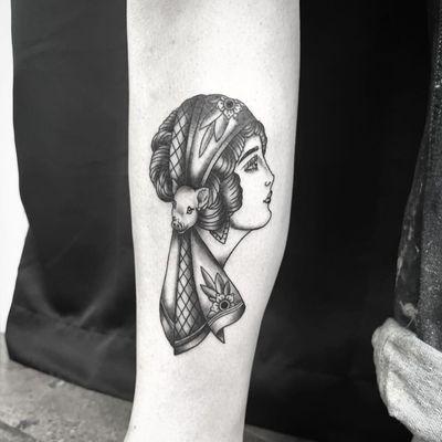 American traditional lady head with pig tattoo by Sophie Jackson.