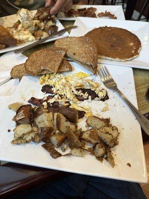 Scrambled eggs with turkey bacon and some delicious buckwheat pancakes. I was super impressed with the pancakes.