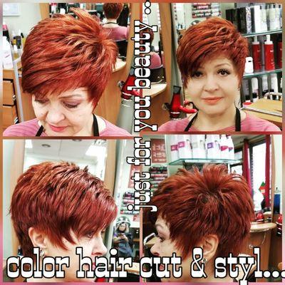 Beautiful red color, razor hair cut & style