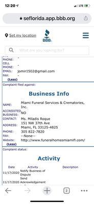 Fraudulent activities. Miami Funeral Services. Miladis Roque. I wonder if this is a Scam.