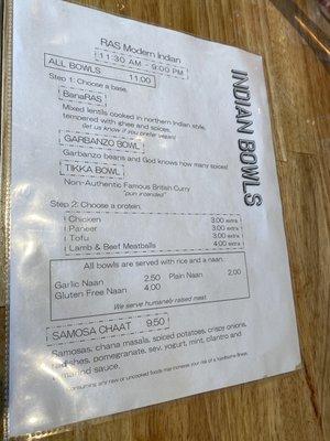 Food truck menu