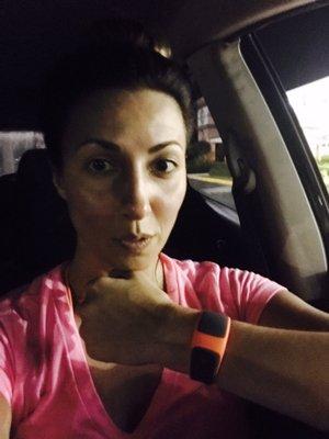 In my car, after kicking my own butt at Orange Theory.  This watch measures your heart rate and calories throughout your workout.