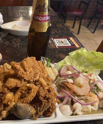 Mixed seafood and Peruvian Cervesa